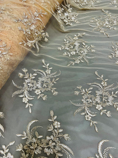 Callie LIGHT CHAMPAGNE Polyester Floral Corsage Embroidery on Mesh Lace Fabric by the Yard - 10025