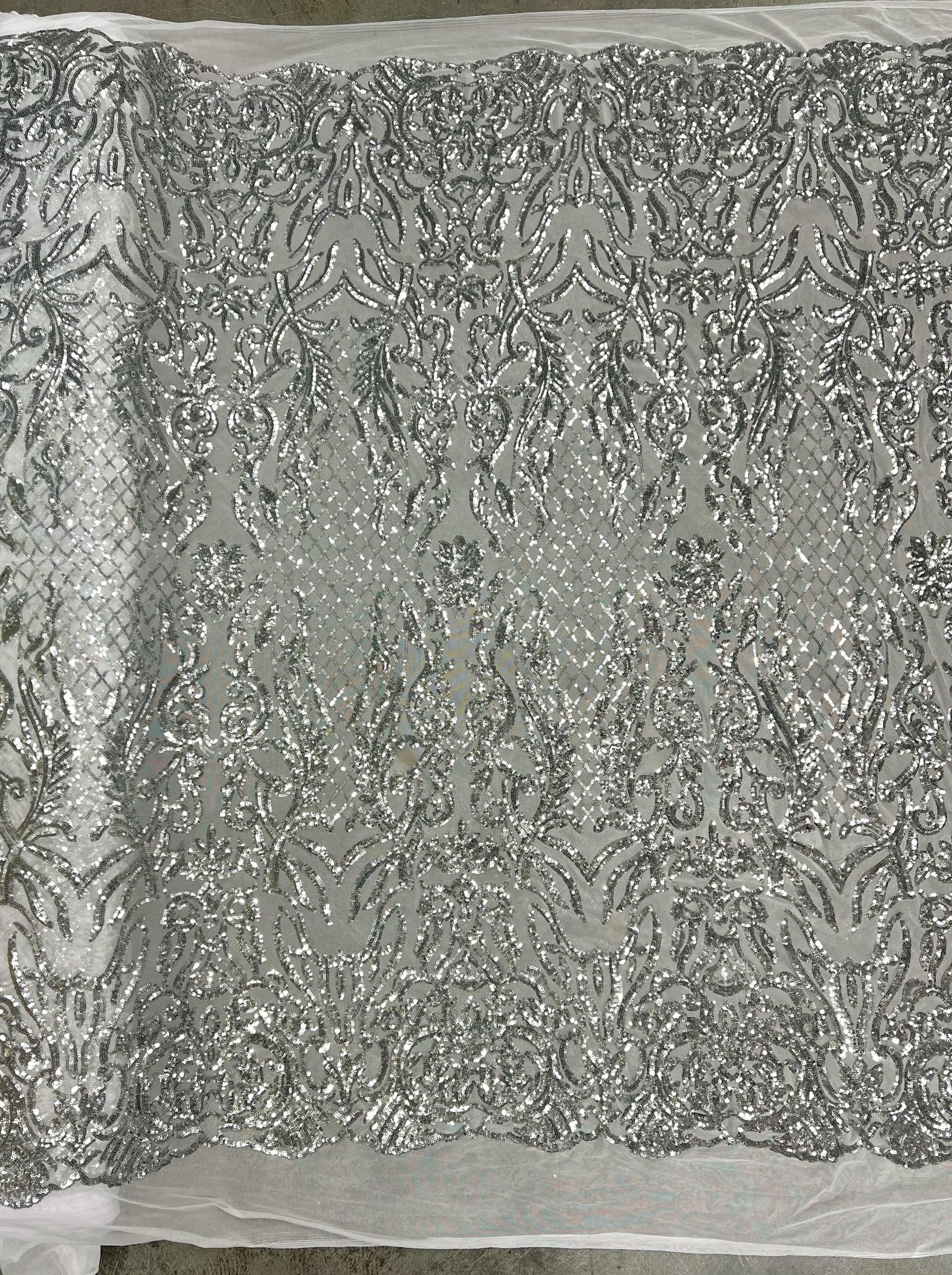 Phoebe SILVER Sequins on WHITE Mesh Lace Fabric by the Yard - 10062