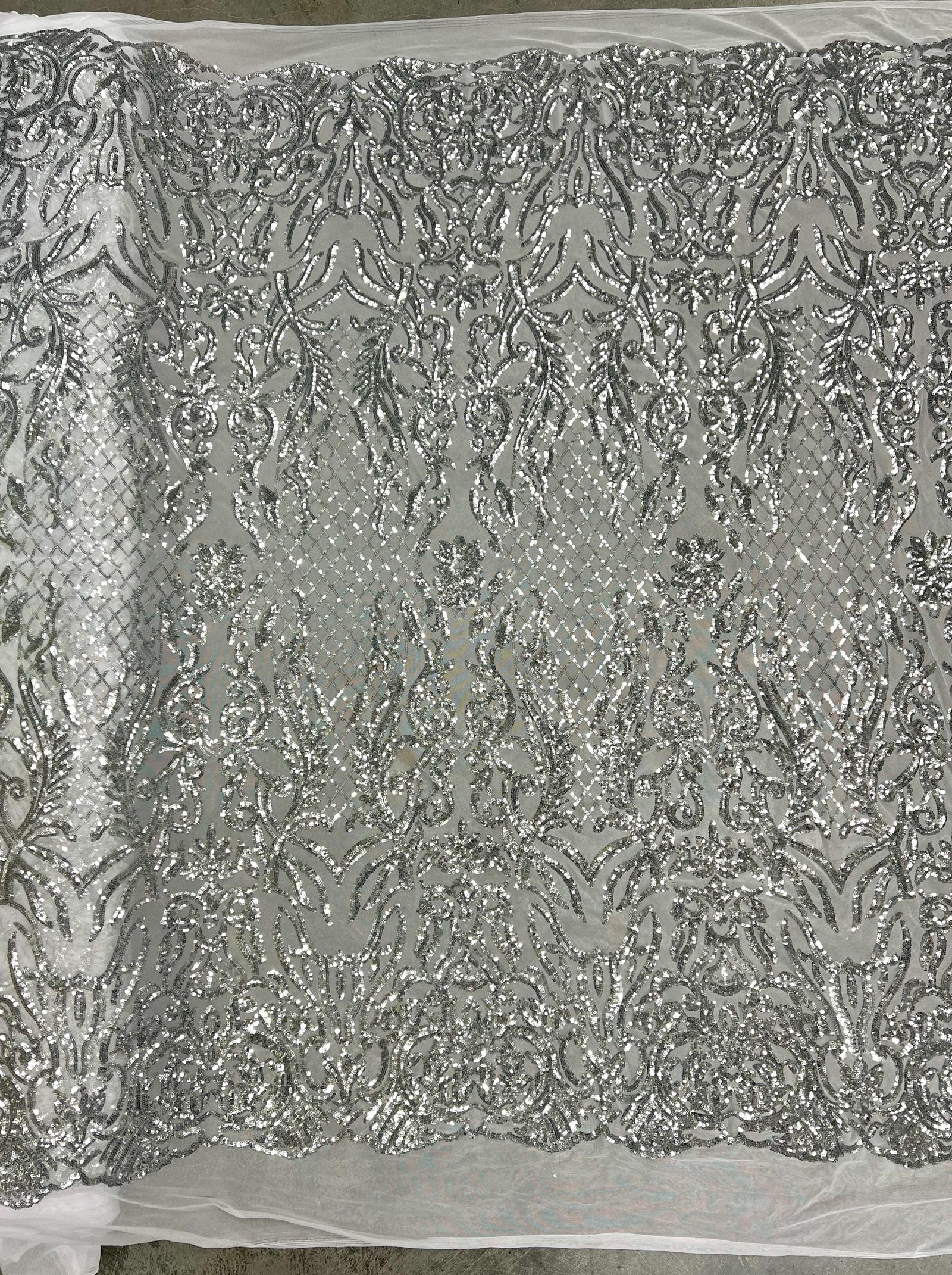 Phoebe SILVER Sequins on WHITE Mesh Lace Fabric by the Yard - 10062