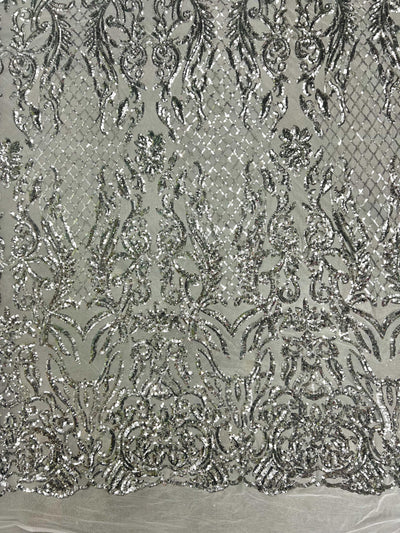 Phoebe SILVER Sequins on WHITE Mesh Lace Fabric by the Yard - 10062