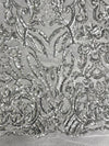 Phoebe SILVER Sequins on WHITE Mesh Lace Fabric by the Yard - 10062