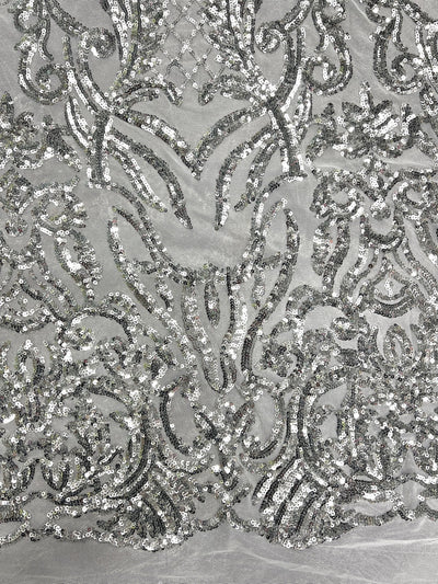 Phoebe SILVER Sequins on WHITE Mesh Lace Fabric by the Yard - 10062