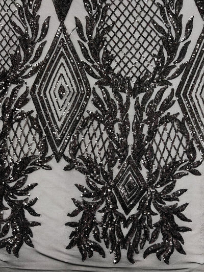 Francesca BLACK Vines and Diamonds Pattern Sequins on Mesh Lace Fabric by the Yard - 10130