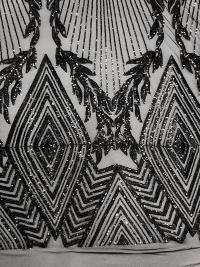 Francesca BLACK Vines and Diamonds Pattern Sequins on Mesh Lace Fabric by the Yard - 10130