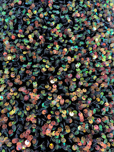 Stephanie MULTI COLORED Overlap Sequins on BLACK Stretch Velvet Fabric by the Yard for Gowns, Apparel, Costumes, Crafts - 10185