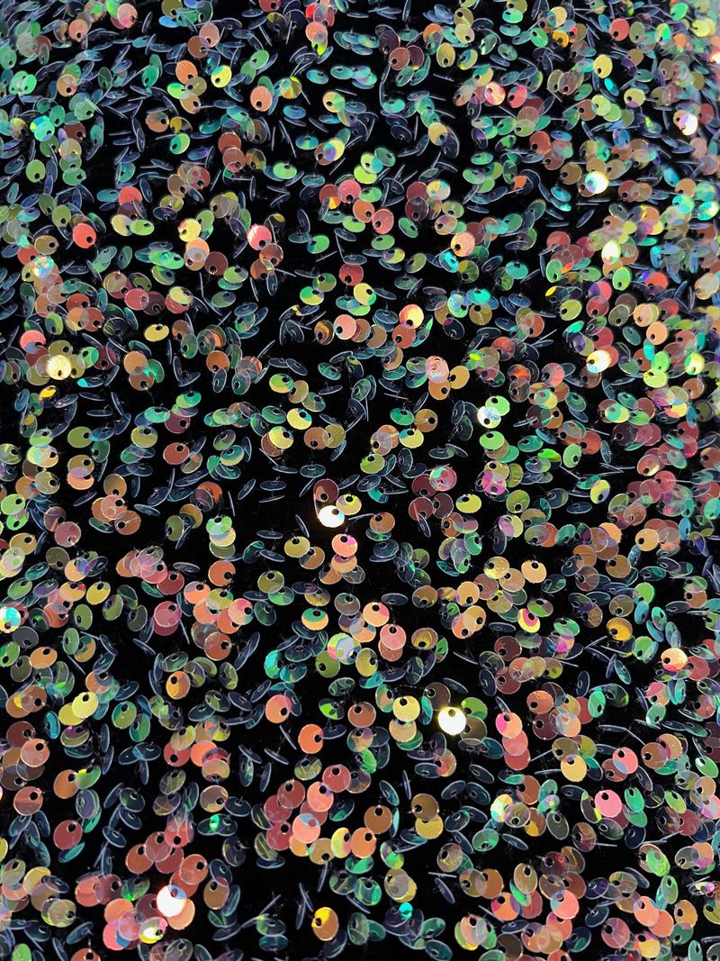 Stephanie MULTI COLORED Overlap Sequins on BLACK Stretch Velvet Fabric by the Yard for Gowns, Apparel, Costumes, Crafts - 10185