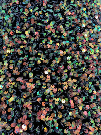 Stephanie MULTI COLORED Overlap Sequins on BLACK Stretch Velvet Fabric by the Yard for Gowns, Apparel, Costumes, Crafts - 10185