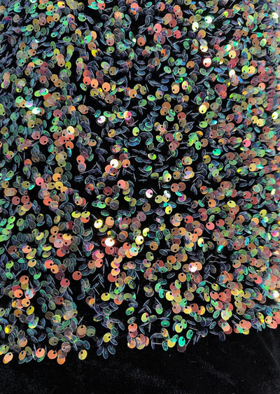 Stephanie MULTI COLORED Overlap Sequins on BLACK Stretch Velvet Fabric by the Yard for Gowns, Apparel, Costumes, Crafts - 10185