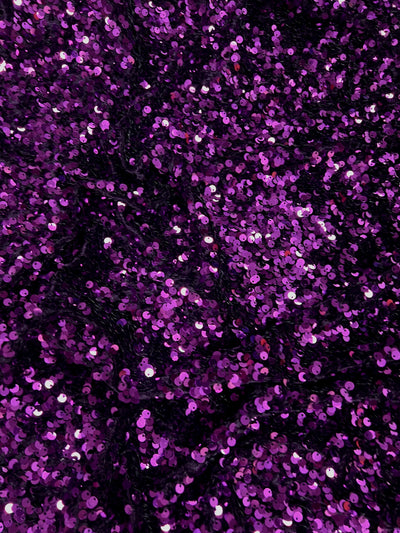 Stephanie EGGPLANT Overlap Sequins on PLUM Stretch Velvet Fabric by the Yard for Gowns, Apparel, Costumes, Crafts - 10185