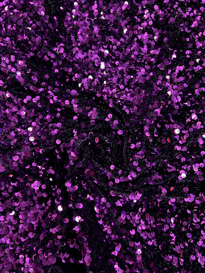 Stephanie EGGPLANT Overlap Sequins on PLUM Stretch Velvet Fabric by the Yard for Gowns, Apparel, Costumes, Crafts - 10185