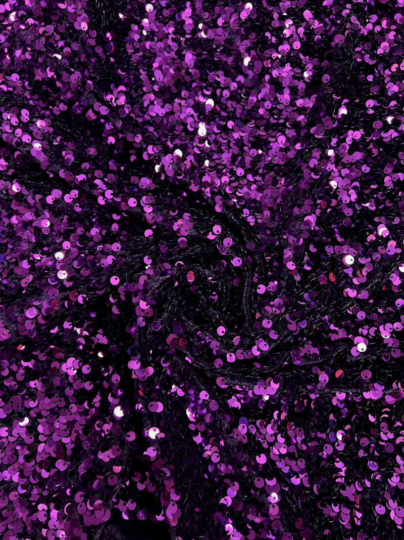 Stephanie EGGPLANT Overlap Sequins on PLUM Stretch Velvet Fabric by the Yard for Gowns, Apparel, Costumes, Crafts - 10185
