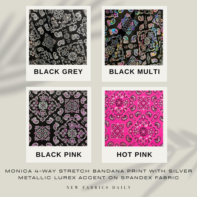 Monica 4-way Stretch BANDANA Print with Silver Metallic Lurex Accent on Spandex Fabric by the Yard - 10182
