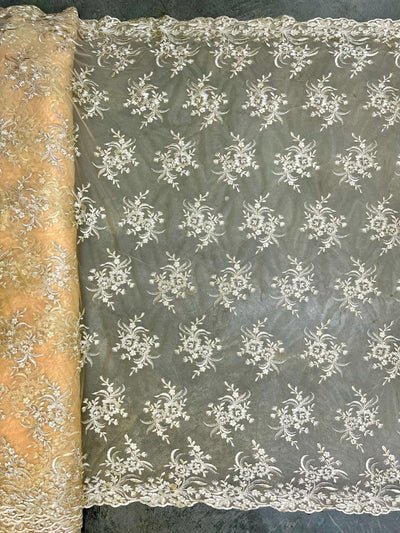Callie LIGHT CHAMPAGNE Polyester Floral Corsage Embroidery on Mesh Lace Fabric by the Yard - 10025