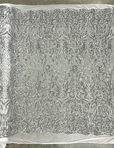 Phoebe SILVER Sequins on WHITE Mesh Lace Fabric by the Yard - 10062