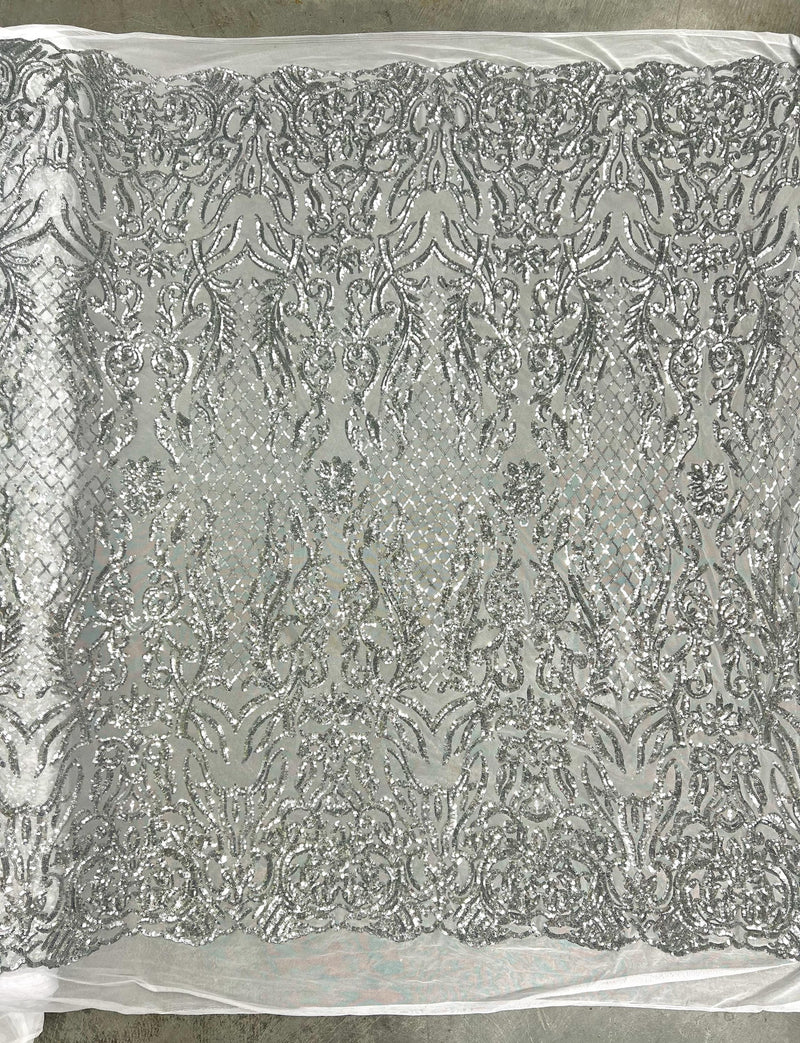 Phoebe SILVER Sequins on WHITE Mesh Lace Fabric by the Yard - 10062