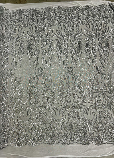 Phoebe SILVER Sequins on WHITE Mesh Lace Fabric by the Yard - 10062