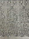 Phoebe SILVER Sequins on WHITE Mesh Lace Fabric by the Yard - 10062