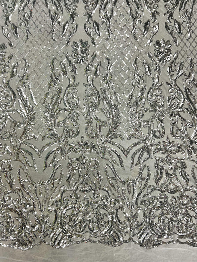 Phoebe SILVER Sequins on WHITE Mesh Lace Fabric by the Yard - 10062