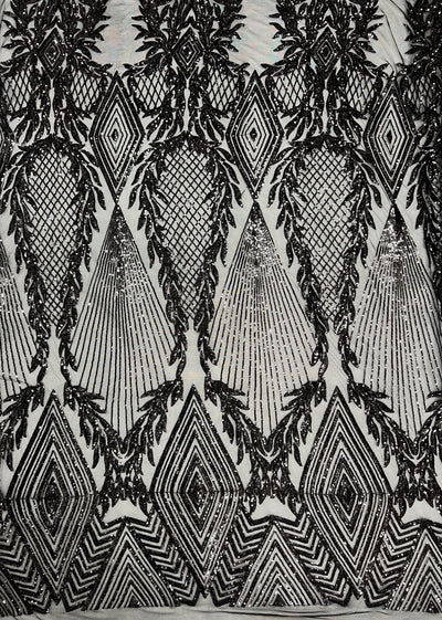 Francesca BLACK Vines and Diamonds Pattern Sequins on Mesh Lace Fabric by the Yard - 10130