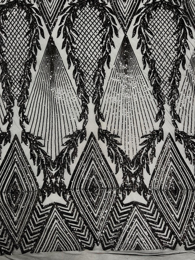 Francesca BLACK Vines and Diamonds Pattern Sequins on Mesh Lace Fabric by the Yard - 10130