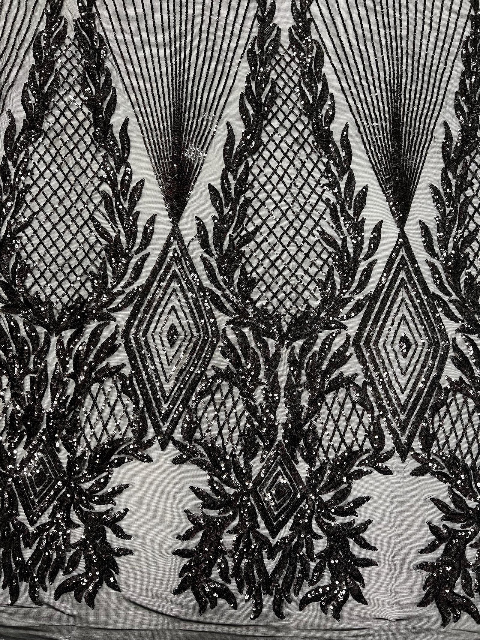 Francesca BLACK Vines and Diamonds Pattern Sequins on Mesh Lace Fabric by the Yard - 10130