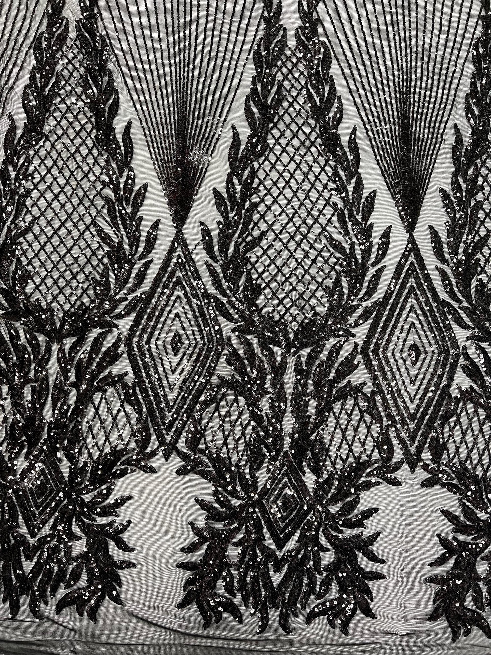 Francesca BLACK Vines and Diamonds Pattern Sequins on Mesh Lace Fabric by the Yard - 10130