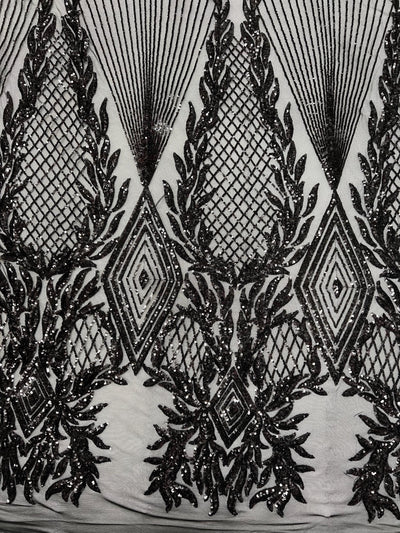 Francesca BLACK Vines and Diamonds Pattern Sequins on Mesh Lace Fabric by the Yard - 10130