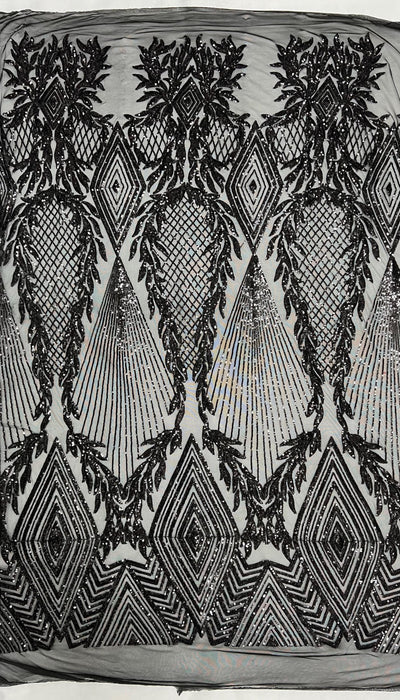 Francesca BLACK Vines and Diamonds Pattern Sequins on Mesh Lace Fabric by the Yard - 10130