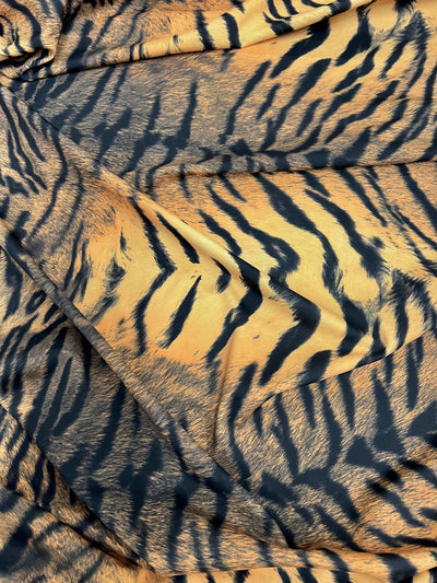 Georgia BLACK ORANGE Tiger Printed Polyester Spandex 4-way Stretch Medium Weight Fabric for Apparel, Swimwear, Activewear, Costumes, Crafts