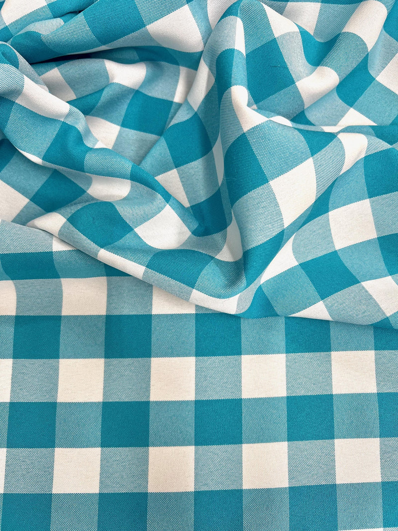 Camille TURQUOISE 1" Big Checkered Gingham Pattern Poly Poplin Fabric by the Yard - 10049