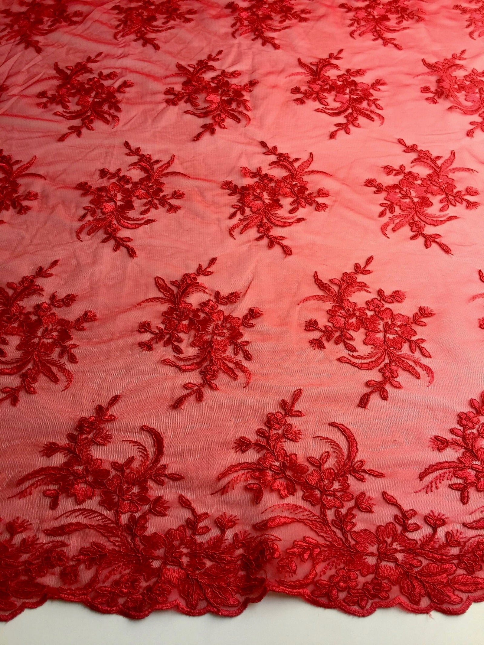 Callie RED Polyester Floral Corsage Embroidery on Mesh Lace Fabric by the Yard - 10025