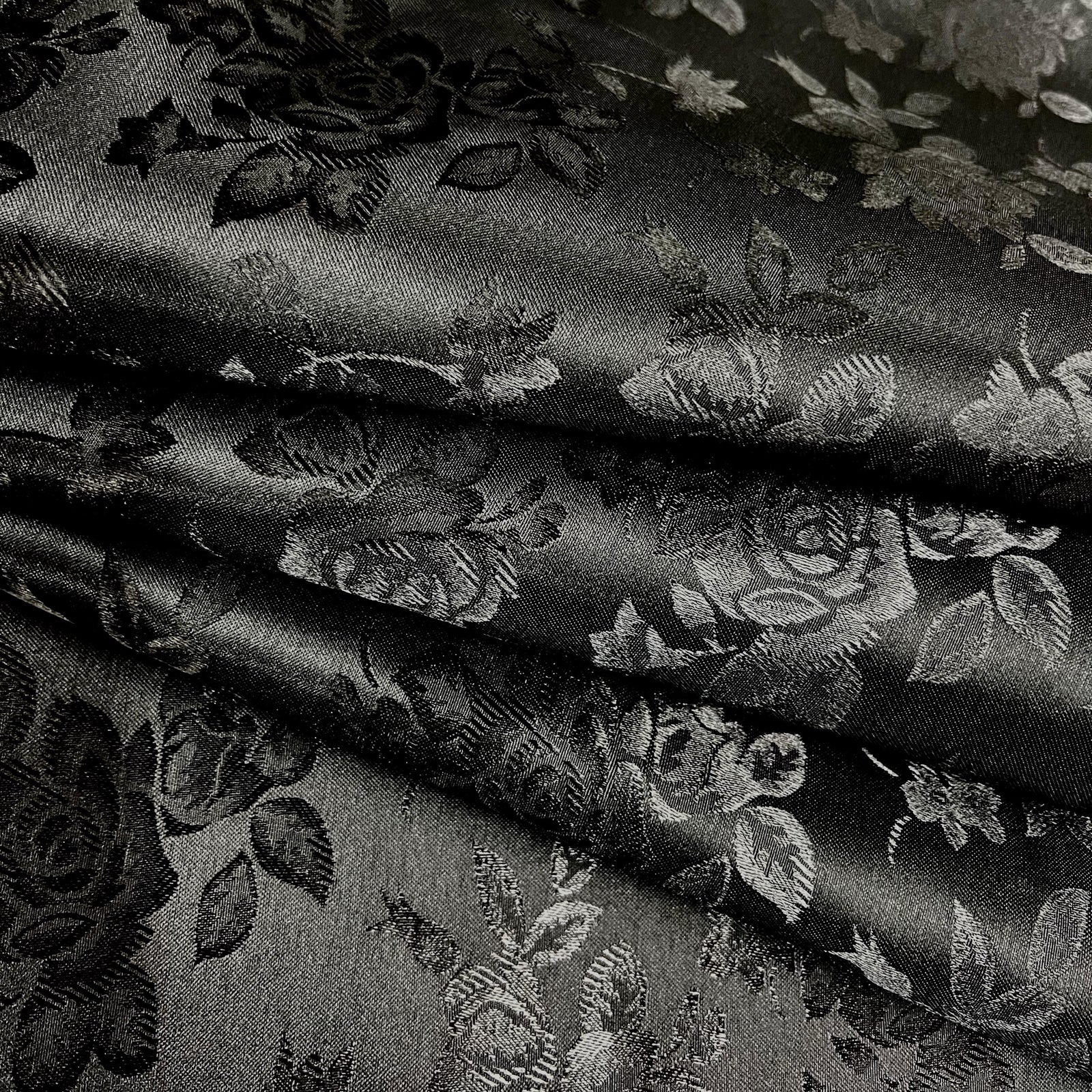 Kayla BLACK Polyester Floral Jacquard Satin Fabric by the Yard for Clothes, Costumes, Home Decorations, Arts and Crafts