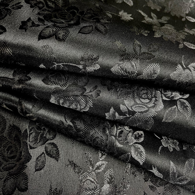 Kayla BLACK Polyester Floral Jacquard Satin Fabric by the Yard for Clothes, Costumes, Home Decorations, Arts and Crafts
