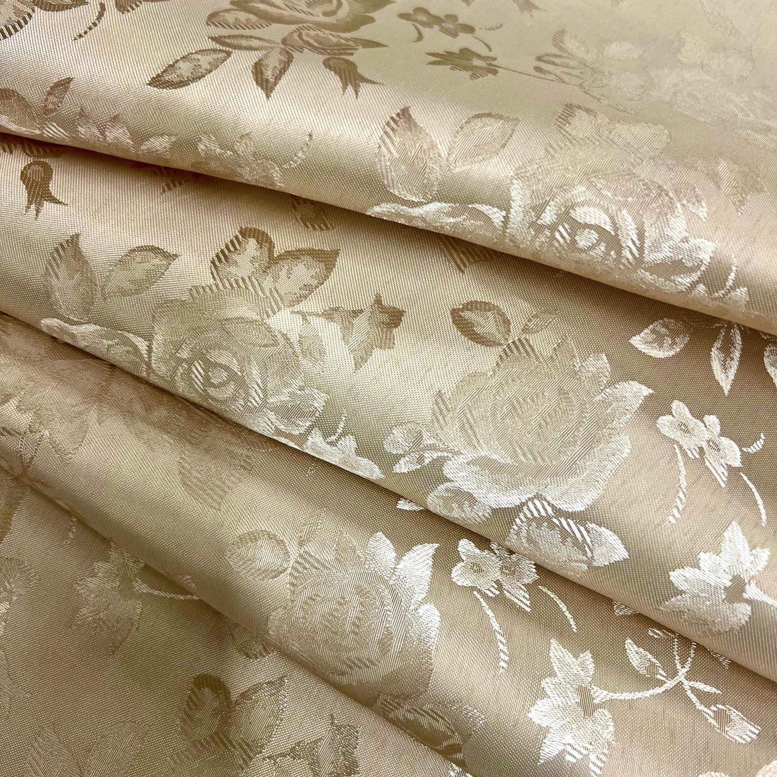 Kayla BEIGE Polyester Floral Jacquard Satin Fabric by the Yard for Clothes, Costumes, Home Decorations, Arts and Crafts