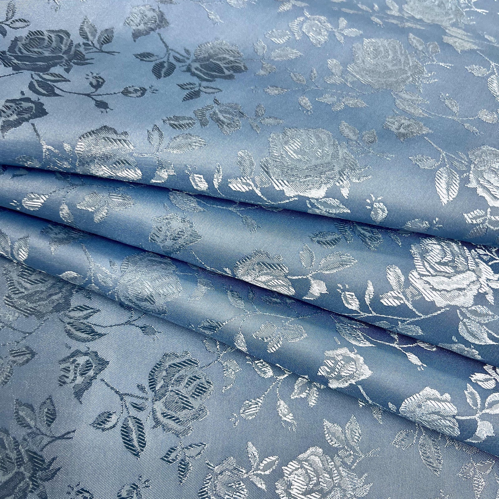 Kayla SLATE BLUE Polyester Floral Jacquard Satin Fabric by the Yard for Clothes, Costumes, Home Decorations, Arts and Crafts