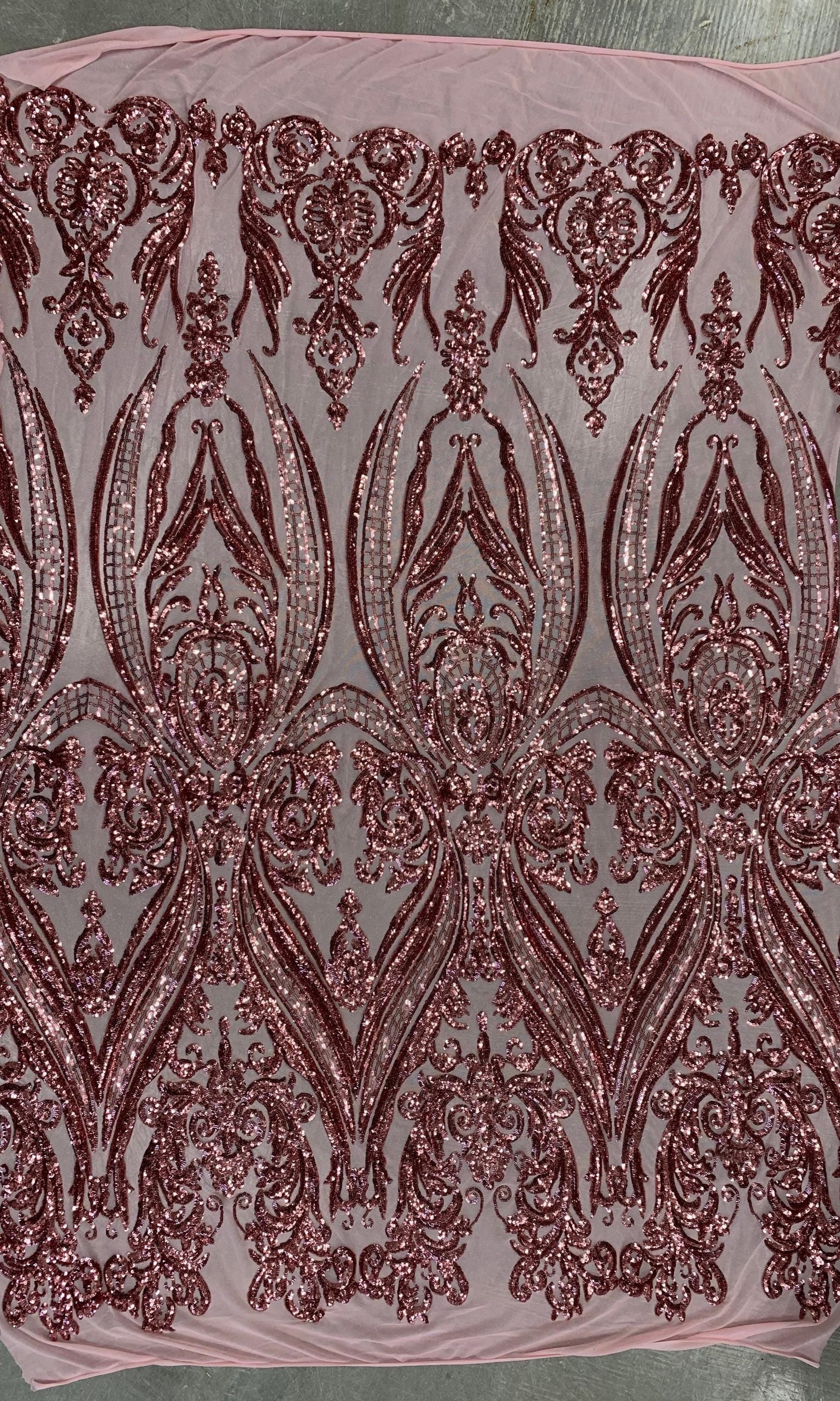 Alaina DUSTY PINK Curlicue Sequins on Mesh Lace Fabric by the Yard - 10018