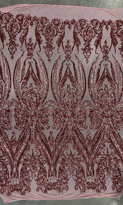 Alaina DUSTY PINK Curlicue Sequins on Mesh Lace Fabric by the Yard - 10018