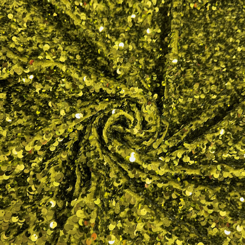 Stephanie OLIVE GREEN Overlap Sequins on OLIVE Stretch Velvet Fabric by the Yard for Gowns, Apparel, Costumes, Crafts - 10185