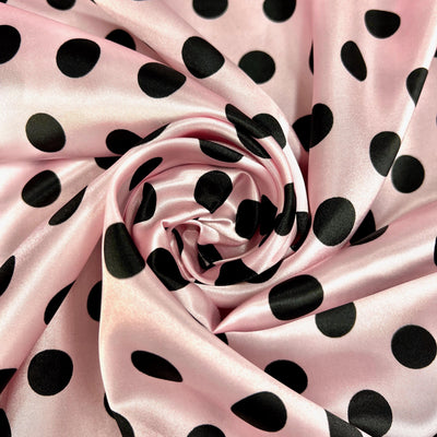 Shelby 0.75" BLACK Polka Dots on BLUSH PINK Polyester Light Weight Satin Fabric by the Yard - 10070