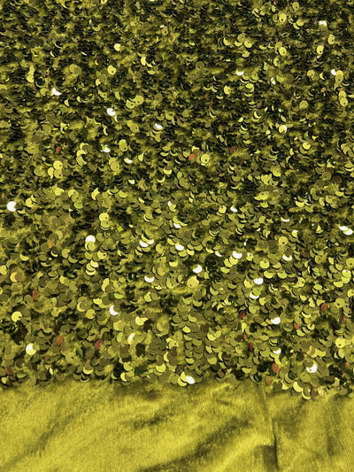 Stephanie OLIVE GREEN Overlap Sequins on OLIVE Stretch Velvet Fabric by the Yard for Gowns, Apparel, Costumes, Crafts - 10185