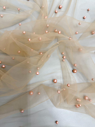 Queenie CHAMPAGNE ROSE Faux Pearls on Soft Mesh Lace Fabric for Gowns, Evening Wear, Bridal Wear, Costumes, Crafts - 10199 NewFabricsDaily