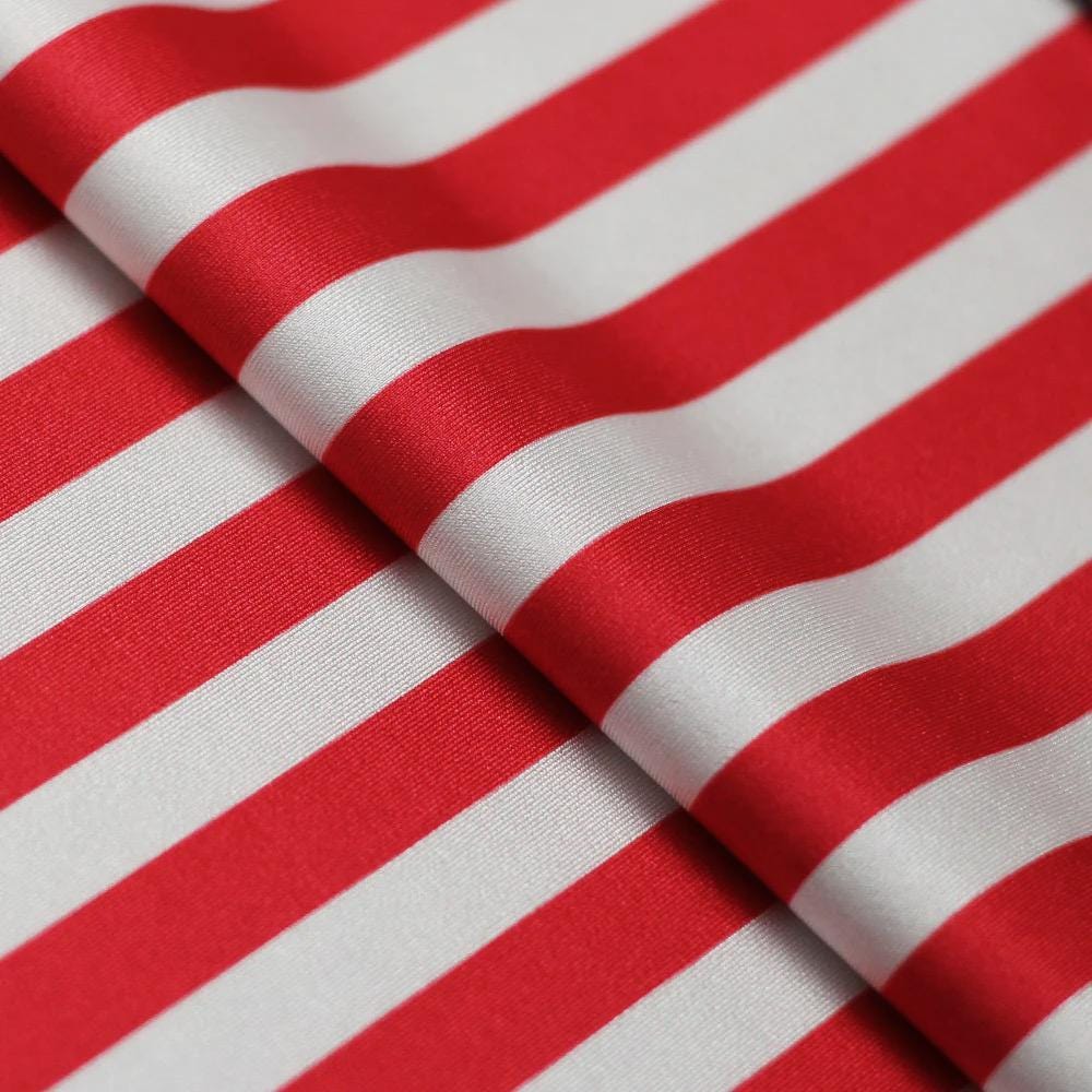 Emma RED/WHITE 1/2 Inch Stripes Printed Polyester Spandex 4-way Stretch Fabric for Apparel, Activewear, Sportswear, Costumes, Crafts