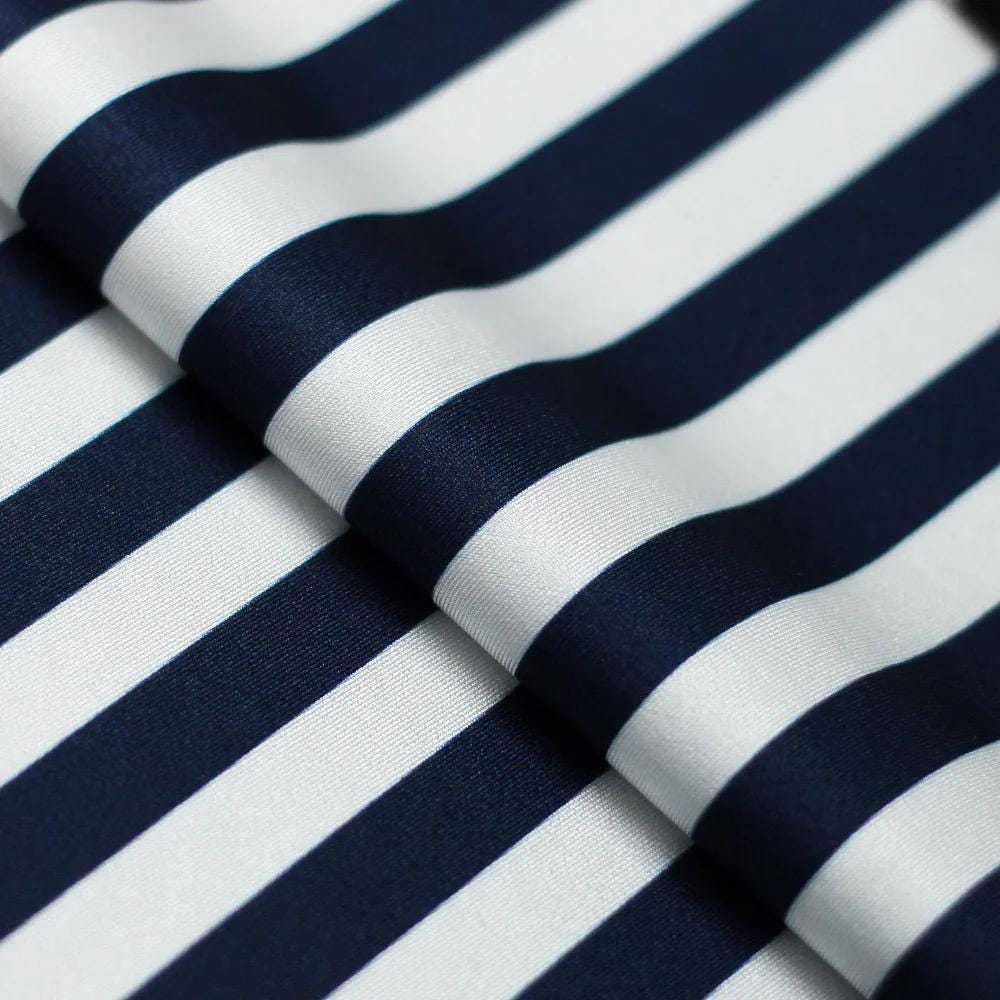 Emma NAVY/WHITE  1/2 Inch Stripes Printed Polyester Spandex 4-way Stretch Fabric for Apparel, Activewear, Sportswear, Costumes, Crafts