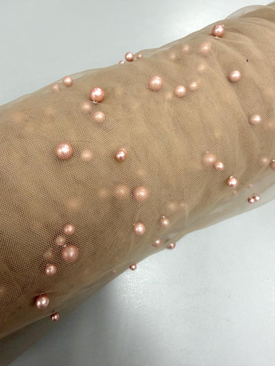 Queenie CHAMPAGNE ROSE Faux Pearls on Soft Mesh Lace Fabric for Gowns, Evening Wear, Bridal Wear, Costumes, Crafts - 10199 NewFabricsDaily