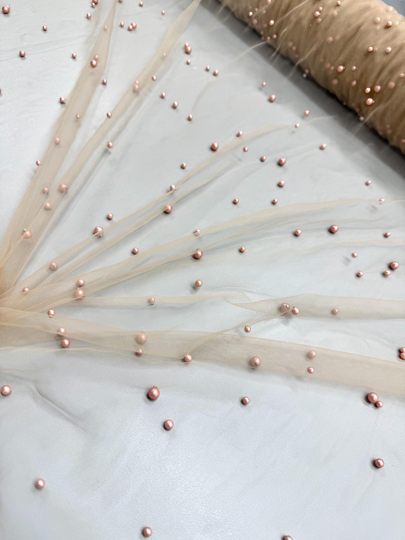 Queenie CHAMPAGNE ROSE Faux Pearls on Soft Mesh Lace Fabric for Gowns, Evening Wear, Bridal Wear, Costumes, Crafts - 10199 NewFabricsDaily