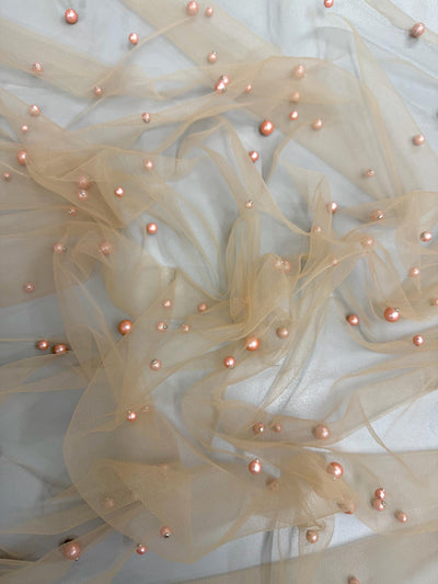 Queenie CHAMPAGNE ROSE Faux Pearls on Soft Mesh Lace Fabric for Gowns, Evening Wear, Bridal Wear, Costumes, Crafts - 10199 NewFabricsDaily