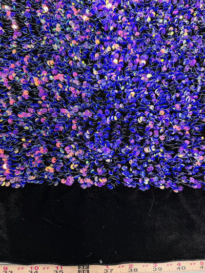 Stephanie IRIDESCENT PINK ROYAL Overlap Sequins on Black Stretch Velvet Fabric by the Yard for Gowns, Apparel, Costumes, Crafts - 10185