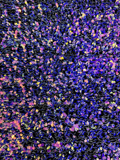 Stephanie IRIDESCENT PINK ROYAL Overlap Sequins on Black Stretch Velvet Fabric by the Yard for Gowns, Apparel, Costumes, Crafts - 10185