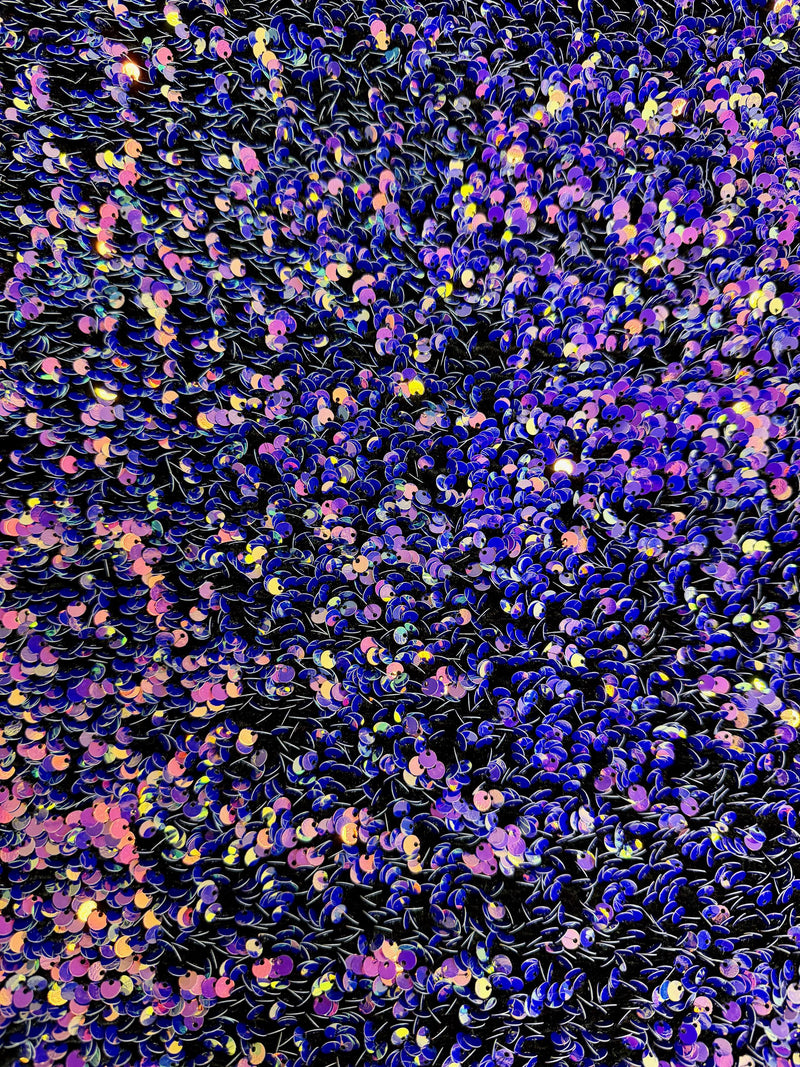 Stephanie IRIDESCENT PINK ROYAL Overlap Sequins on Black Stretch Velvet Fabric by the Yard for Gowns, Apparel, Costumes, Crafts - 10185