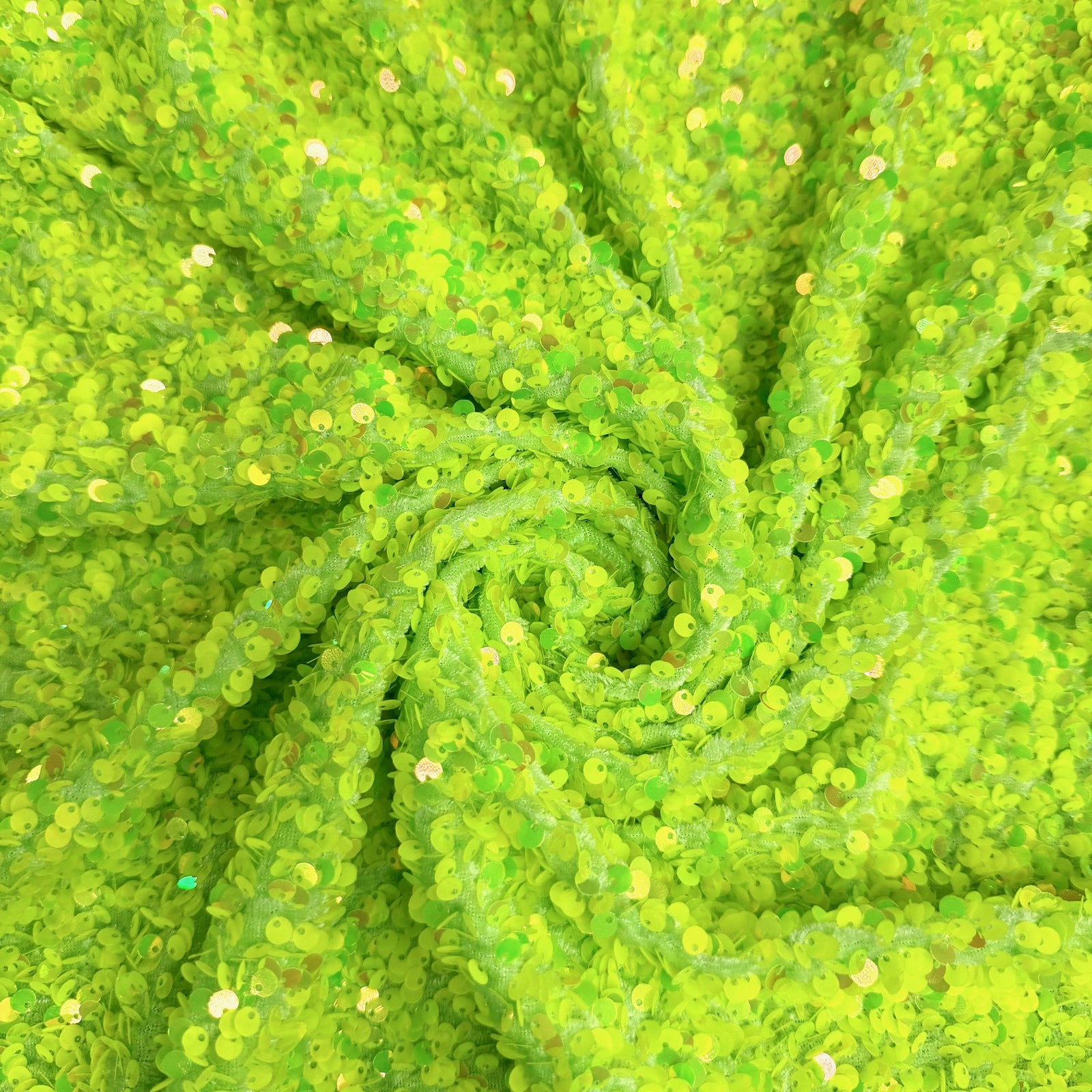 Stephanie IRIDESCENT LIME GREEN Overlap Sequins on Lime Stretch Velvet Fabric by the Yard for Gowns, Apparel, Costumes, Crafts